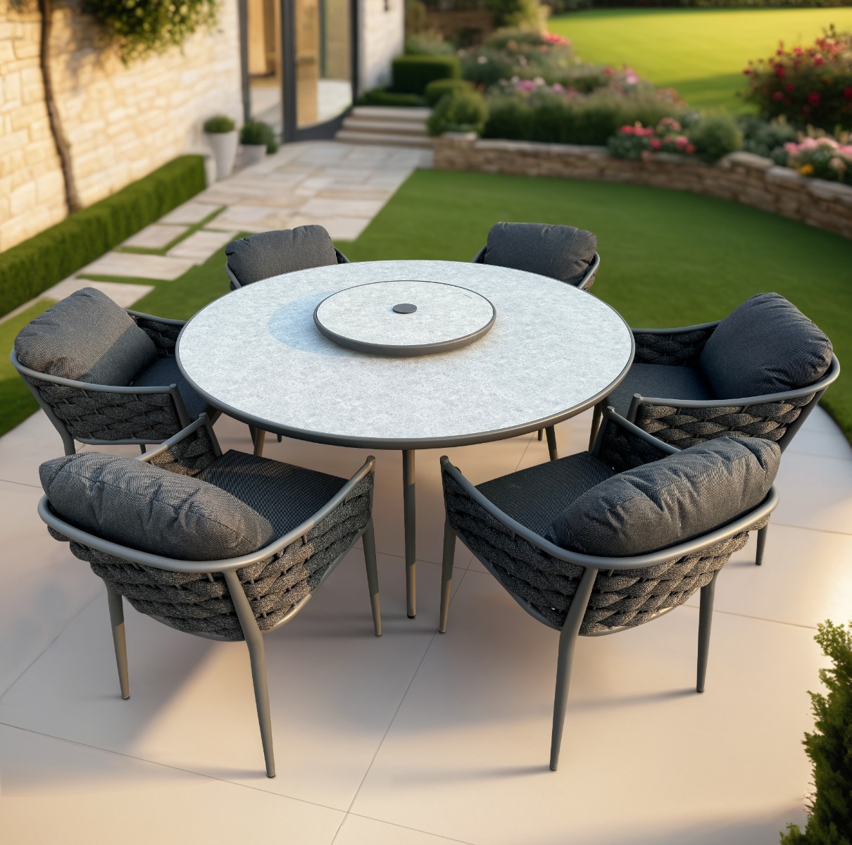 Annabelle Rope Grey 6 Seater Dining Set INC FREE LAZY SUSAN