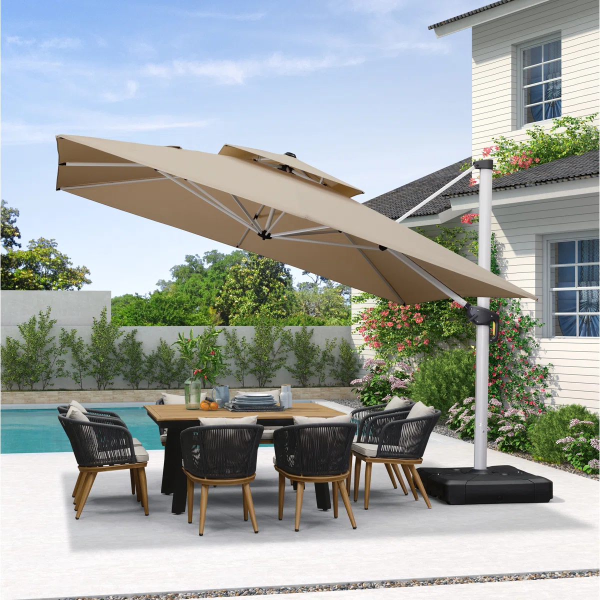 Deluxe 3m Square Cantilever Parasol in Beige with Base