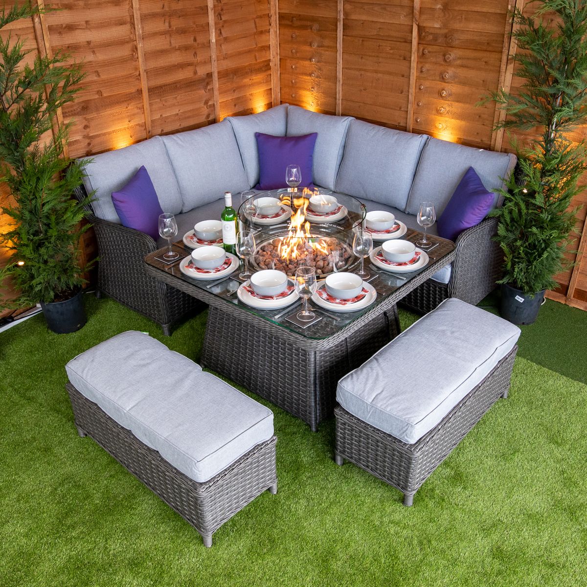 Rattan Platinum Miami Corner Dining Set With Fire Pit