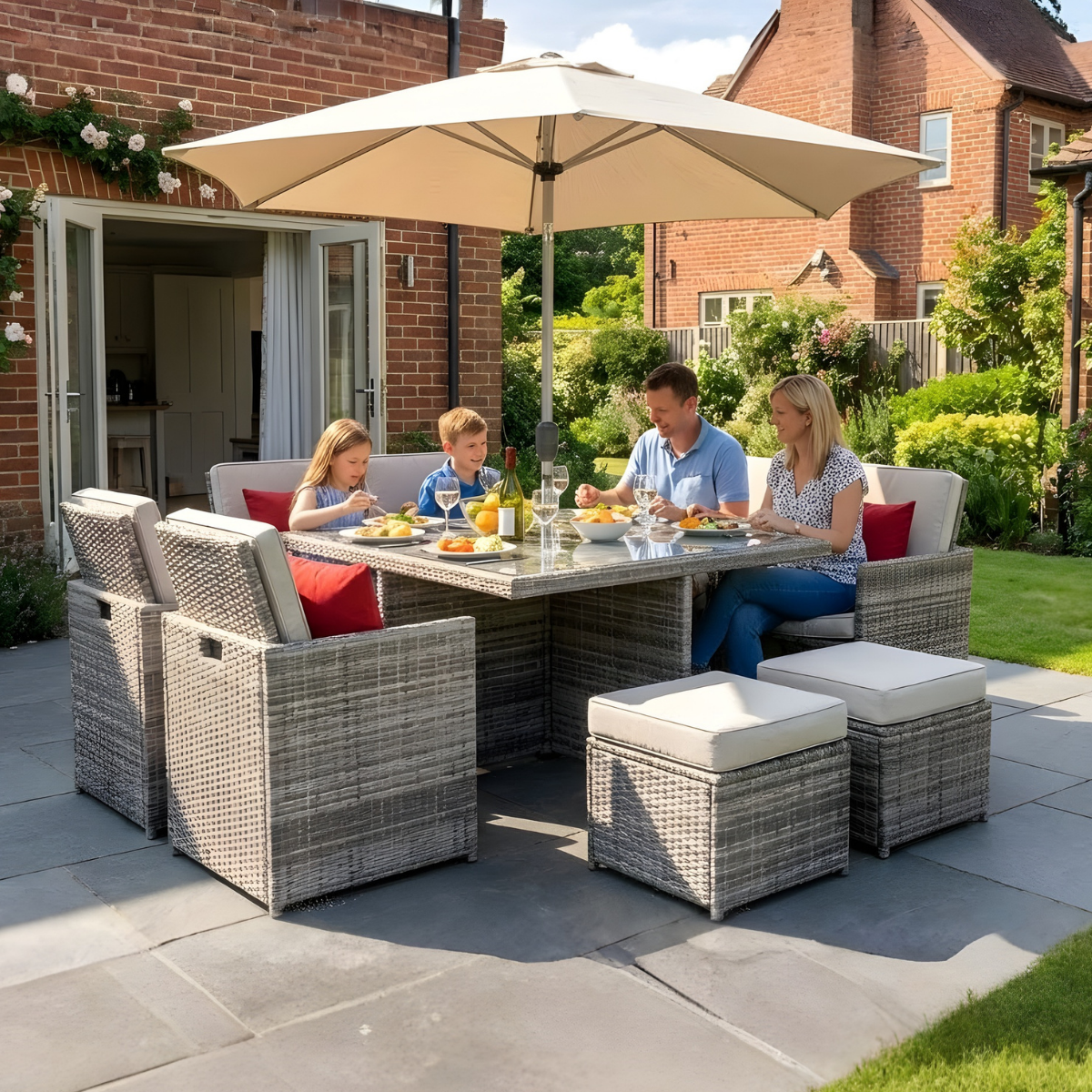 Rattan Champagne 4 seat Cube With 4 Storage Footstools