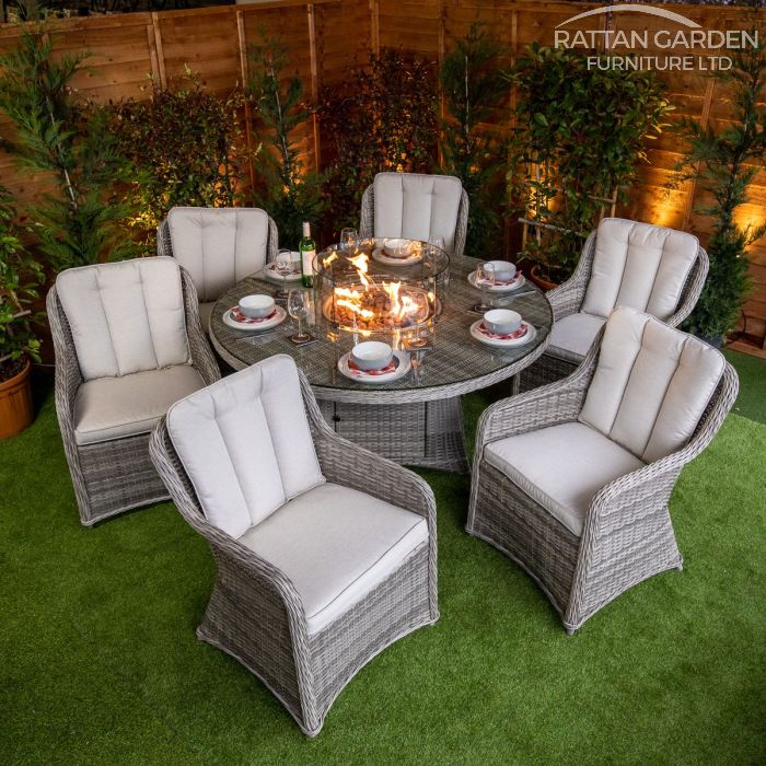 Rattan Champagne Vienna Round 6 Seat Fire Pit Set