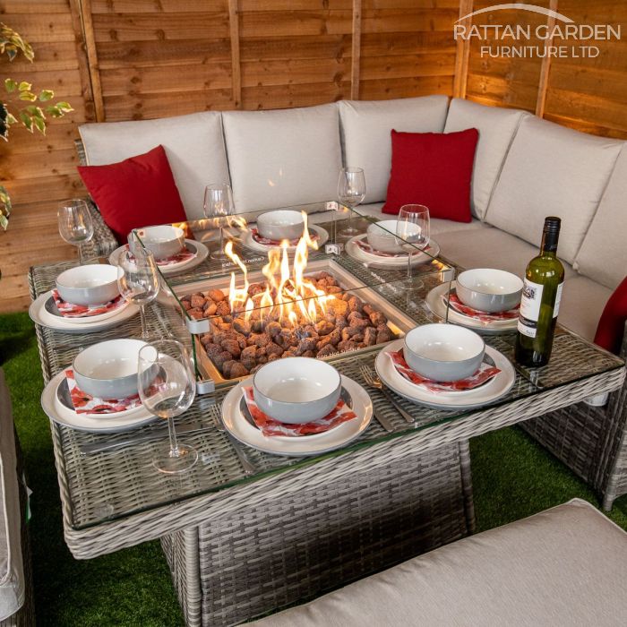 Rattan Champagne Boston Corner Dining Set with Fire Pit