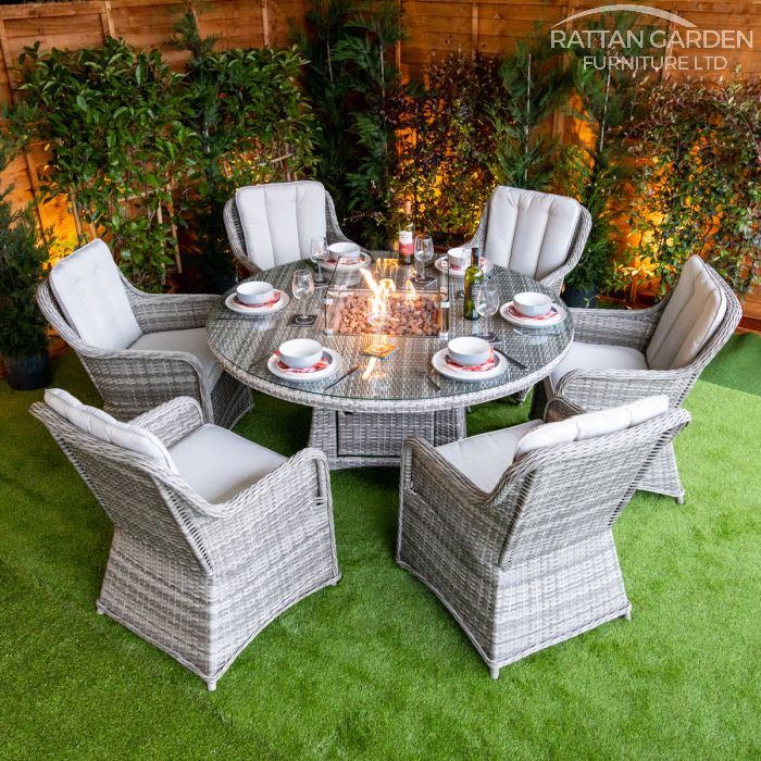 Rattan Champagne Vienna Round 6 Seat Fire Pit Set