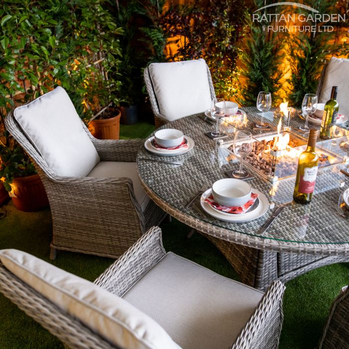 Rattan Champagne Paris Round 6 Seat Fire Pit Set