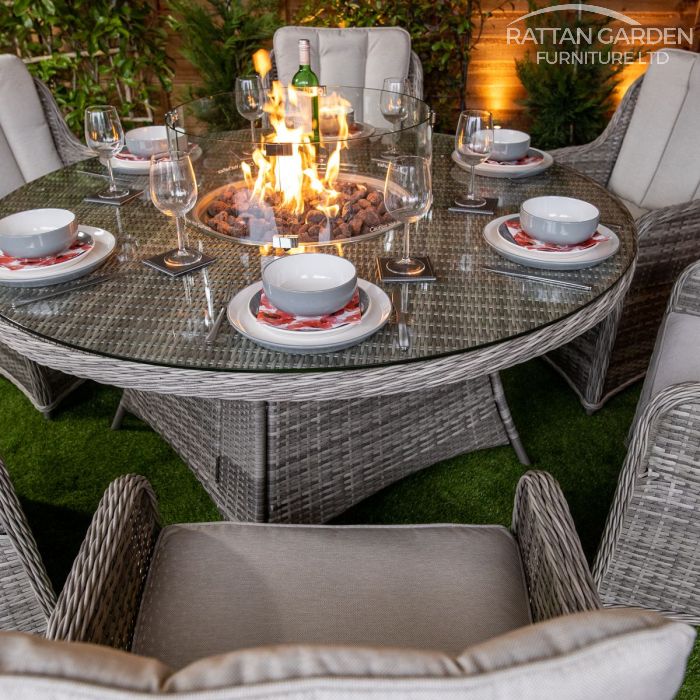Rattan Champagne Vienna Round 6 Seat Fire Pit Set