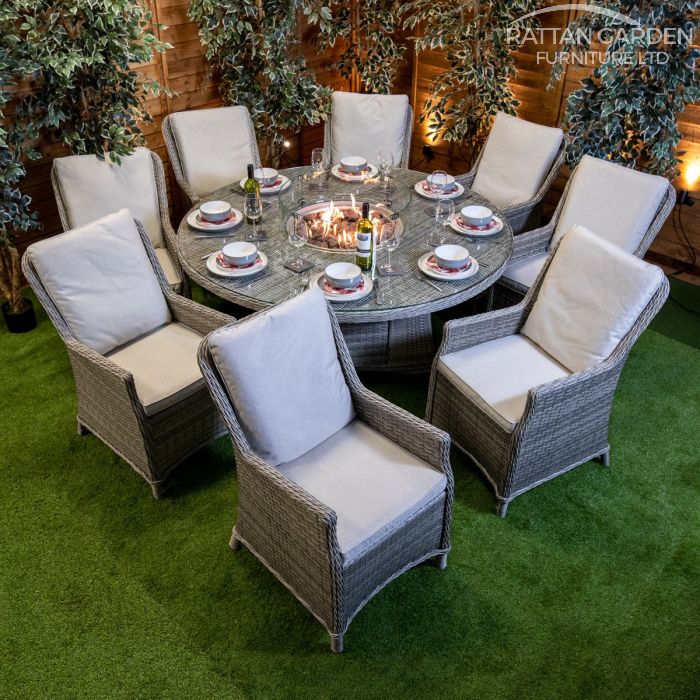 Rattan Champagne Paris 8 Seat Fire Pit With 165cm Round Table
