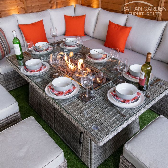 Champagne Hampton rattan Corner Dining Set with Fire Pit