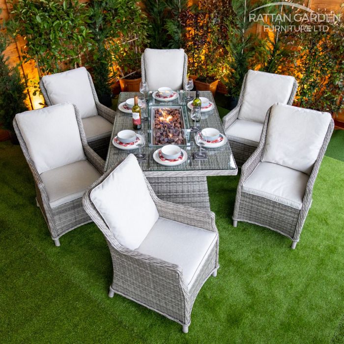 Rattan Champagne Paris Rectangular 6 Seat Fire Pit Set