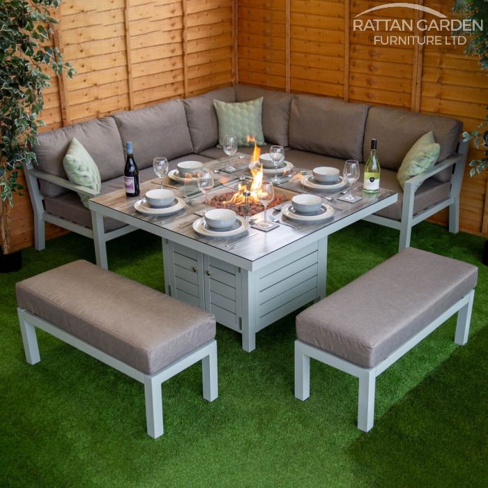 Monroe Aluminium Corner Rattan Dining Set With Fire Pit