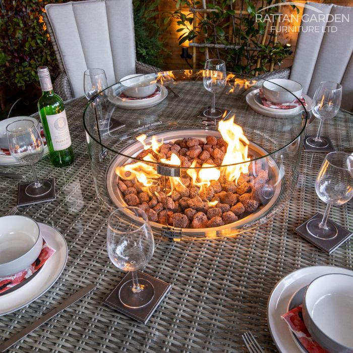 Rattan Champagne Atlanta Round 6 Seat Fire Pit Set