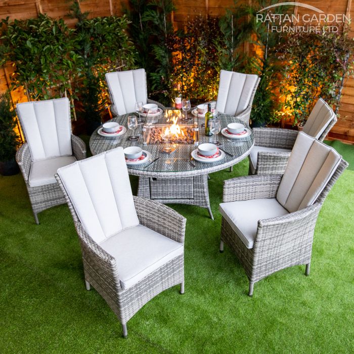 Rattan Champagne Atlanta Round 6 Seat Fire Pit Set