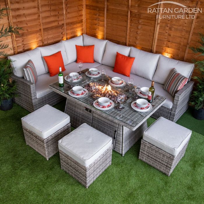 Champagne Hampton rattan Corner Dining Set with Fire Pit