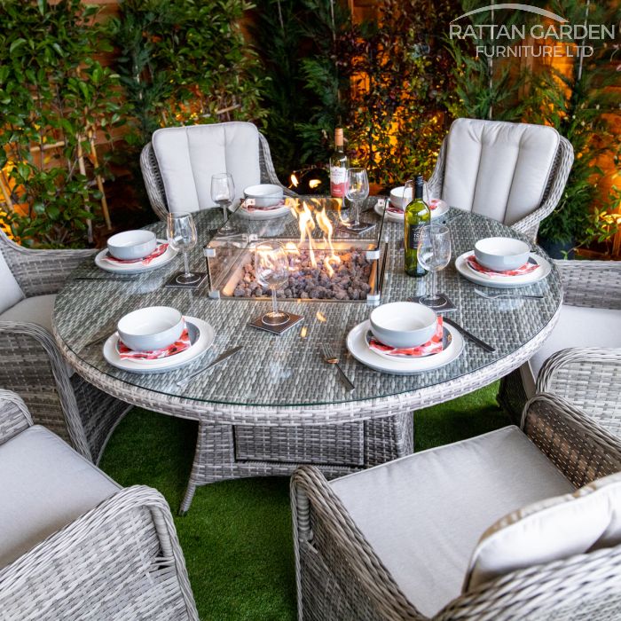 Rattan Champagne Vienna Round 6 Seat Fire Pit Set