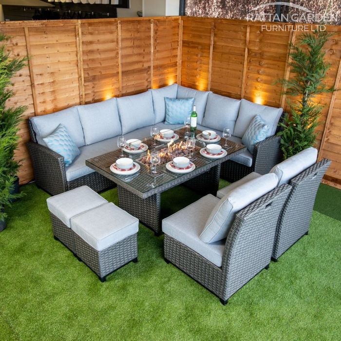 Platinum Madison Rattan Corner Dining Set With Fire Pit