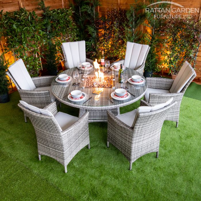 Rattan Champagne Atlanta Round 6 Seat Fire Pit Set