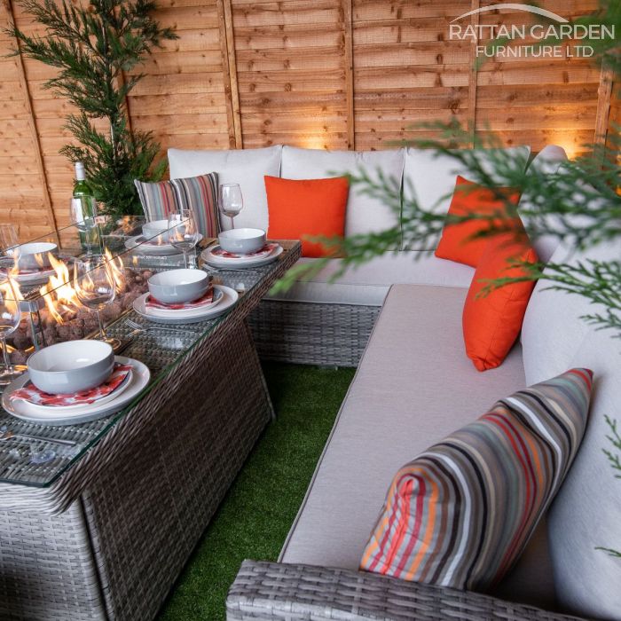 Champagne Hampton rattan Corner Dining Set with Fire Pit