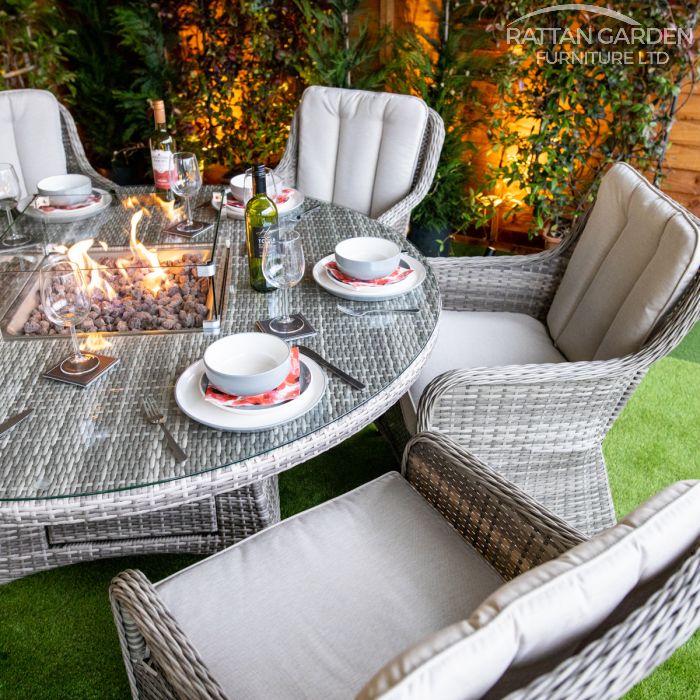 Rattan Champagne Vienna Round 6 Seat Fire Pit Set