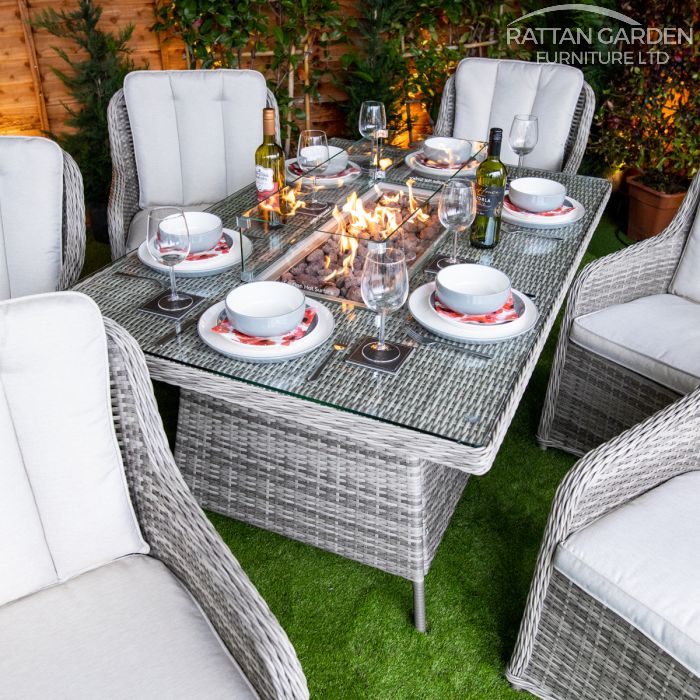 Rattan Champagne Vienna Rectangular 6 Seat Fire Pit Set