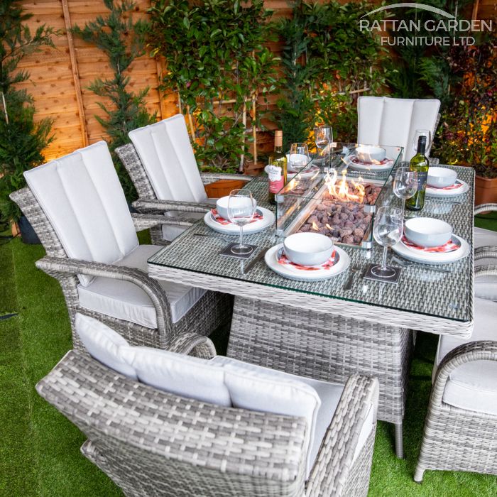 Rattan Champagne Tokyo Rectangular 6 Seat Fire Pit Set