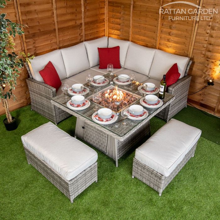 BOX DAMAGED - Rattan Champagne Boston Corner Dining Set with Fire Pit