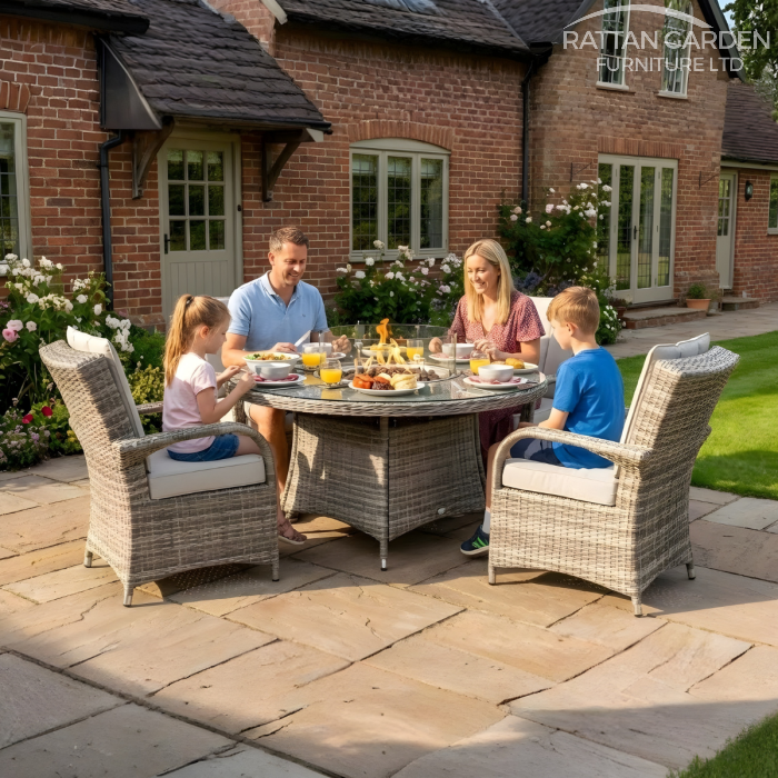 Rattan Champagne Tokyo Round 4 Seat Fire Pit Set