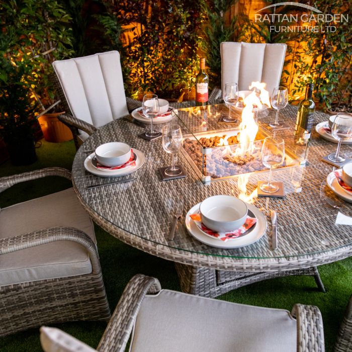 Rattan Champagne Tokyo Round 6 Seat Fire Pit Set