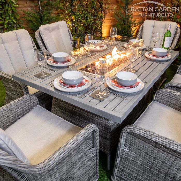 Champagne Vienna Rectangular 6 Seat Aluminium rattan Fire Pit Set