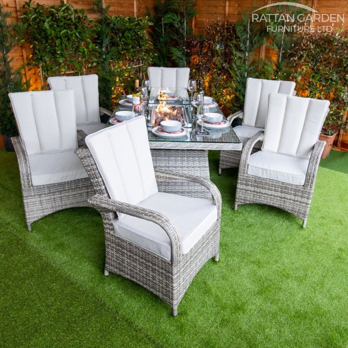 Rattan Champagne Tokyo Rectangular 6 Seat Fire Pit Set
