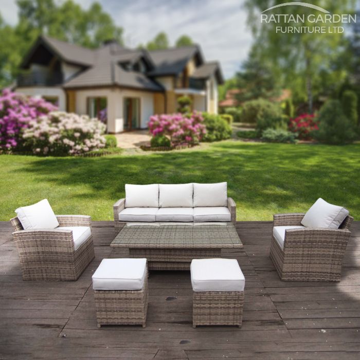 Champagne Chichester 5 Seat 6 Piece Rising Table rattan Sofa Set