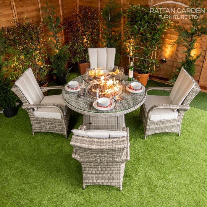 Rattan Champagne Tokyo Round 4 Seat Fire Pit Set
