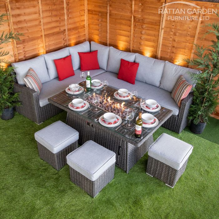 Platinum Hampton Rattan Corner Dining Set With Fire Pit