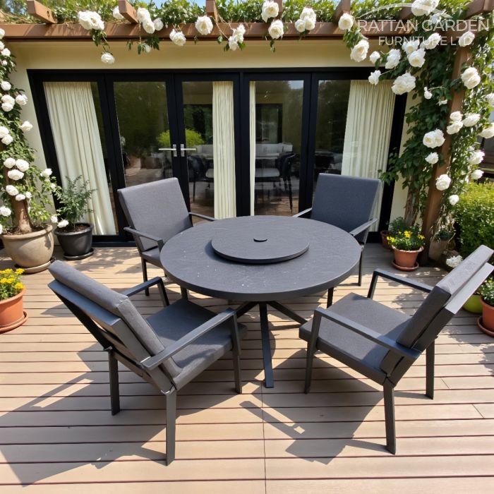 Aluminium Sebastian 120cm 4 Seat Round Dining Table Set with Grey Ceramic Glass Table Top
