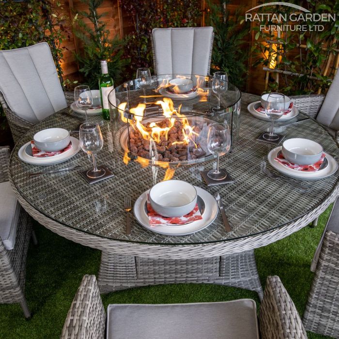 Rattan Champagne Atlanta Round 6 Seat Fire Pit Set
