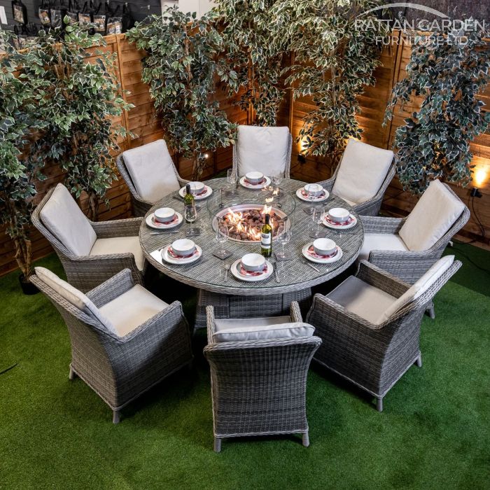 Rattan Champagne Paris 8 Seat Fire Pit With 165cm Round Table