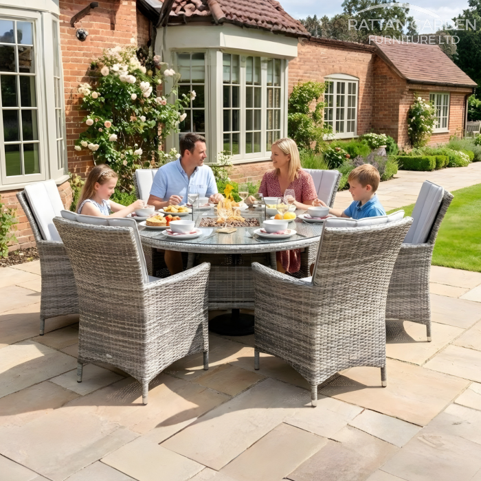 Rattan Champagne Atlanta Round 6 Seat Fire Pit Set