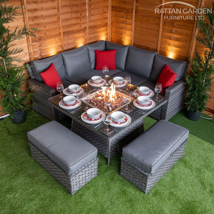 BOX DAMAGED - Serena Boston Corner Rattan Dining Set with Fire Pit