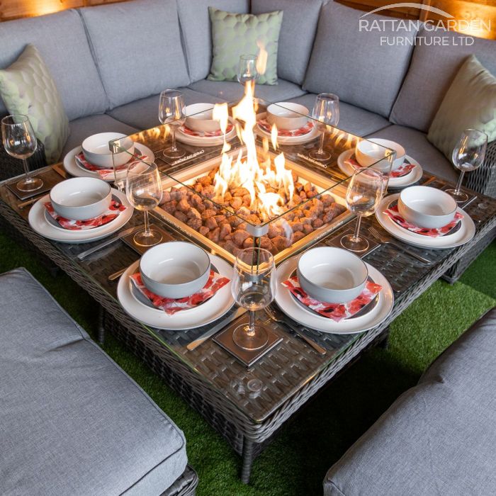 BOX DAMAGED - Platinum Boston Corner Rattan Dining Set with Fire Pit
