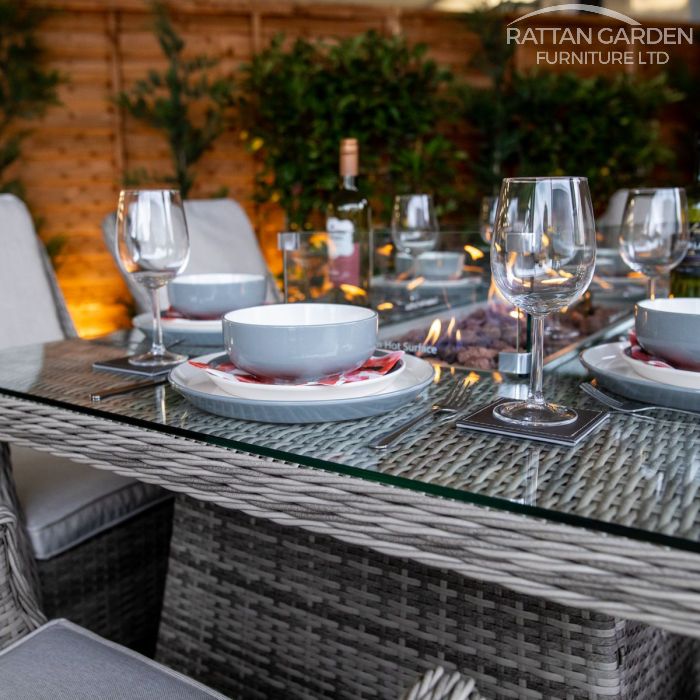 Rattan Champagne Paris Rectangular 6 Seat Fire Pit Set