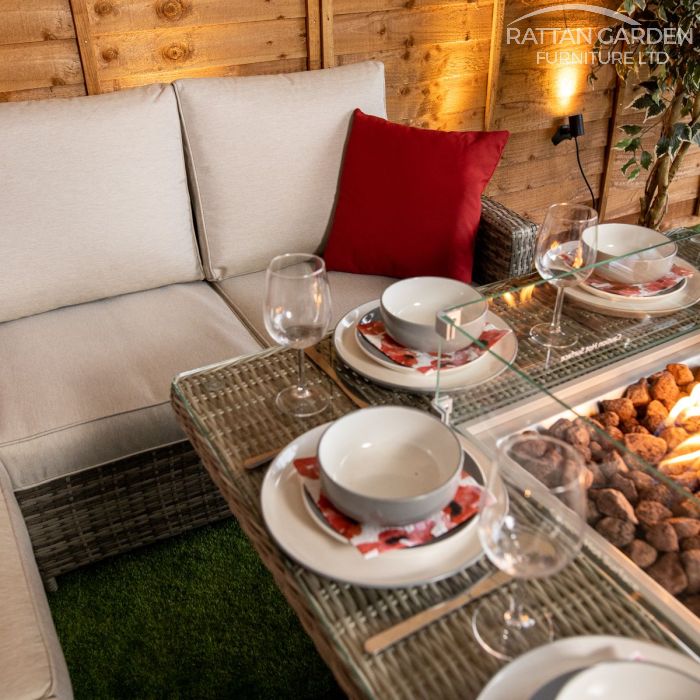 BOX DAMAGED - Rattan Champagne Boston Corner Dining Set with Fire Pit