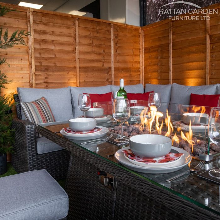 Platinum Hampton Rattan Corner Dining Set With Fire Pit