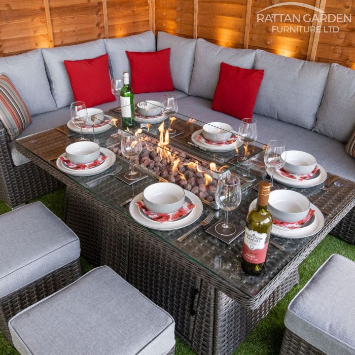 Platinum Hampton Rattan Corner Dining Set With Fire Pit