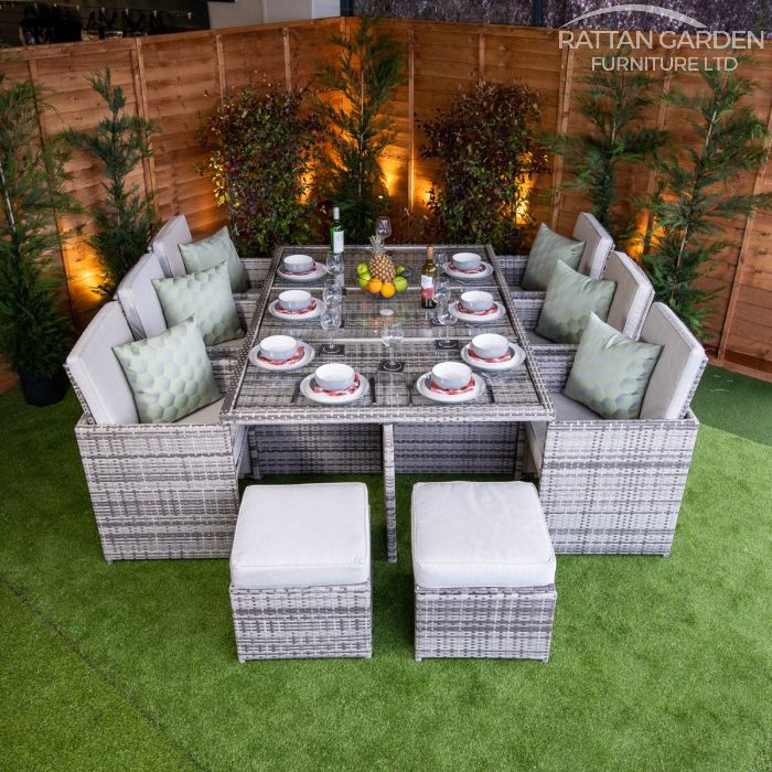 Rattan Champagne 6 Seat Cube With 4 Storage Footstools