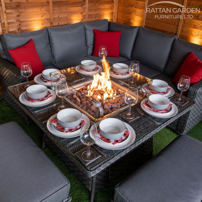 Serena Boston Corner Rattan Dining Set with Fire Pit