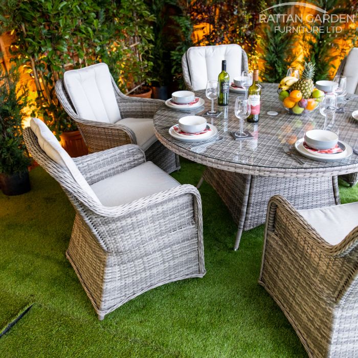 Rattan Champagne Vienna Round 6 Seat Dining Set