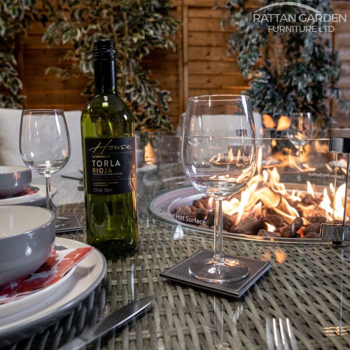 Rattan Champagne Paris 8 Seat Fire Pit With 165cm Round Table