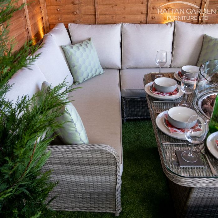 Champagne Miami Corner Rattan Dining Set with Fire Pit