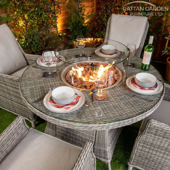 Rattan Champagne Paris Round 4 Seat Fire Pit Set
