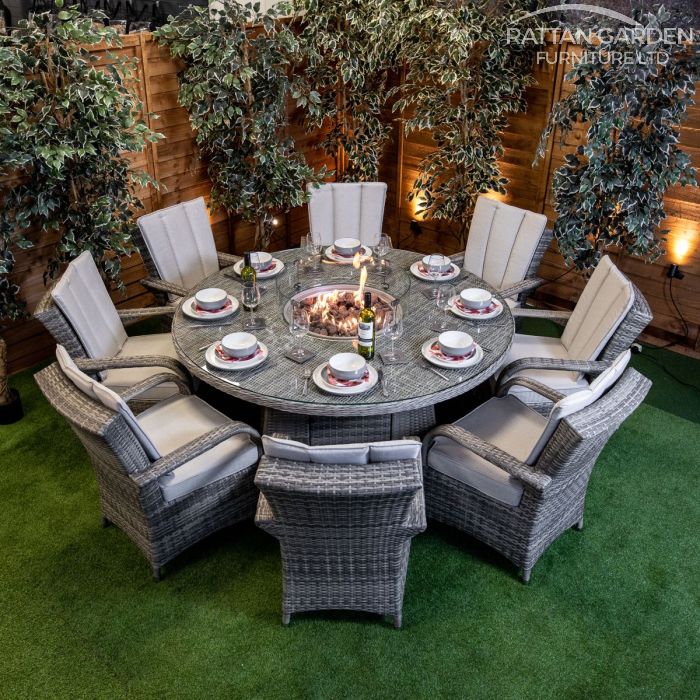 Rattan Champagne Tokyo 8 Seat Fire Pit With 165cm Round Table
