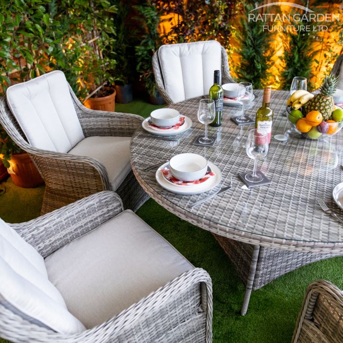 Rattan Champagne Vienna Round 6 Seat Dining Set