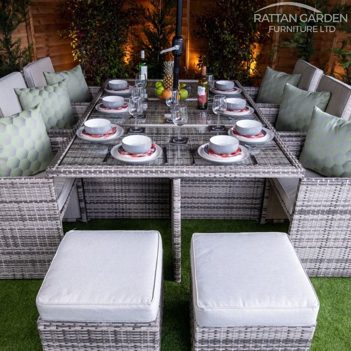 Rattan Champagne 6 Seat Cube With 4 Storage Footstools